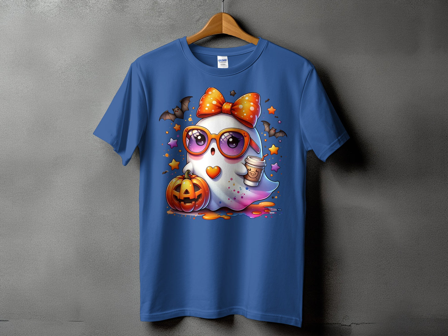 Ghost with pumpkin, coffee, and bats wearing glasses and a bow.