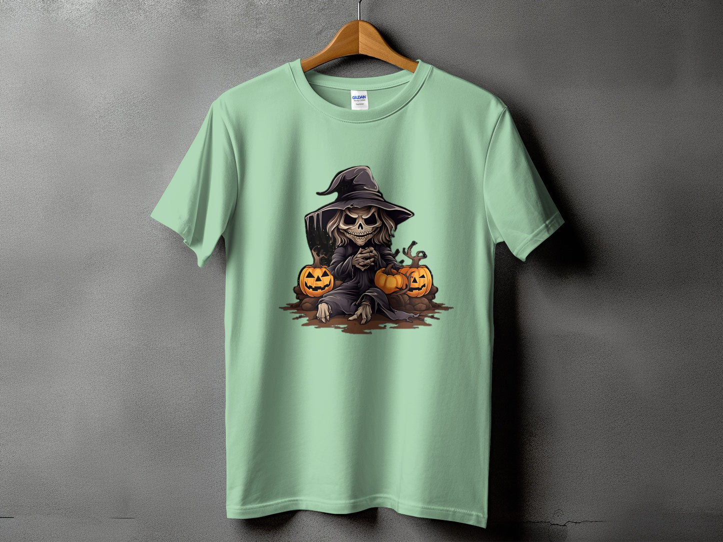 Mint t-shirt with Grim Reaper and pumpkins Halloween graphic design.