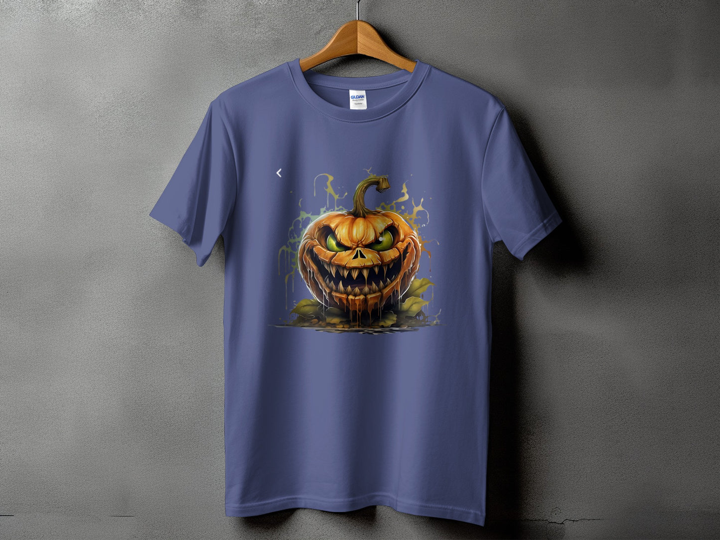Purple t-shirt with a spooky jack-o'-lantern graphic featuring dripping paint.