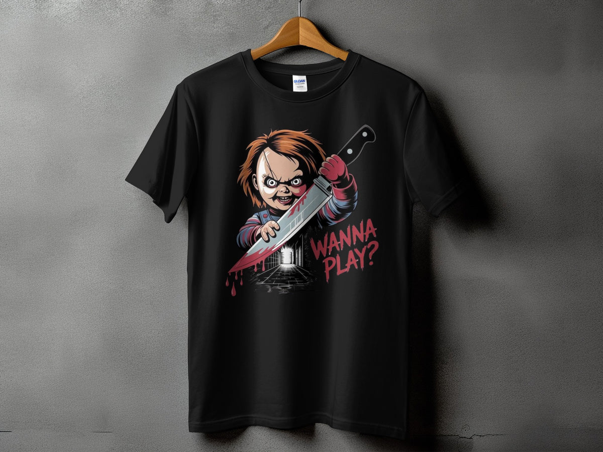 Black t-shirt with Chucky holding a bloody knife and text "WANNA PLAY?".