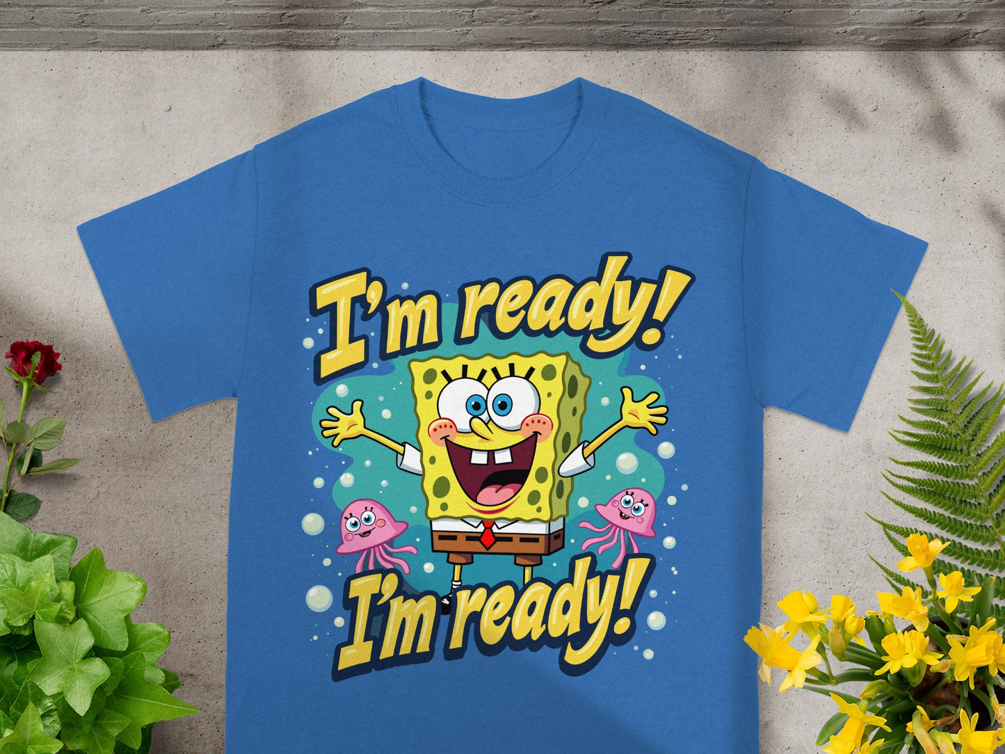 SpongeBob SquarePants and jellyfish with "I'm ready!" text on a blue t-shirt.