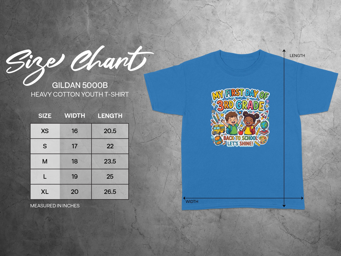 Gildan 5000B youth t-shirt size chart with width and length measurements.