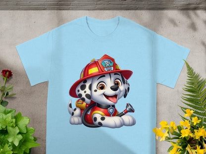 Light blue t-shirt with Marshall from Paw Patrol wearing a firefighter helmet.