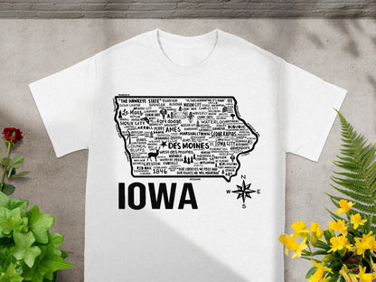Iowa Map Design T-Shirt with State Landmarks