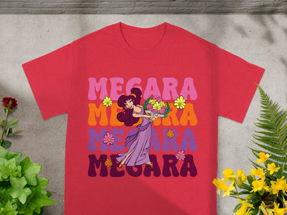 Megara holding flowers on a red t-shirt with colorful "Megara" text.