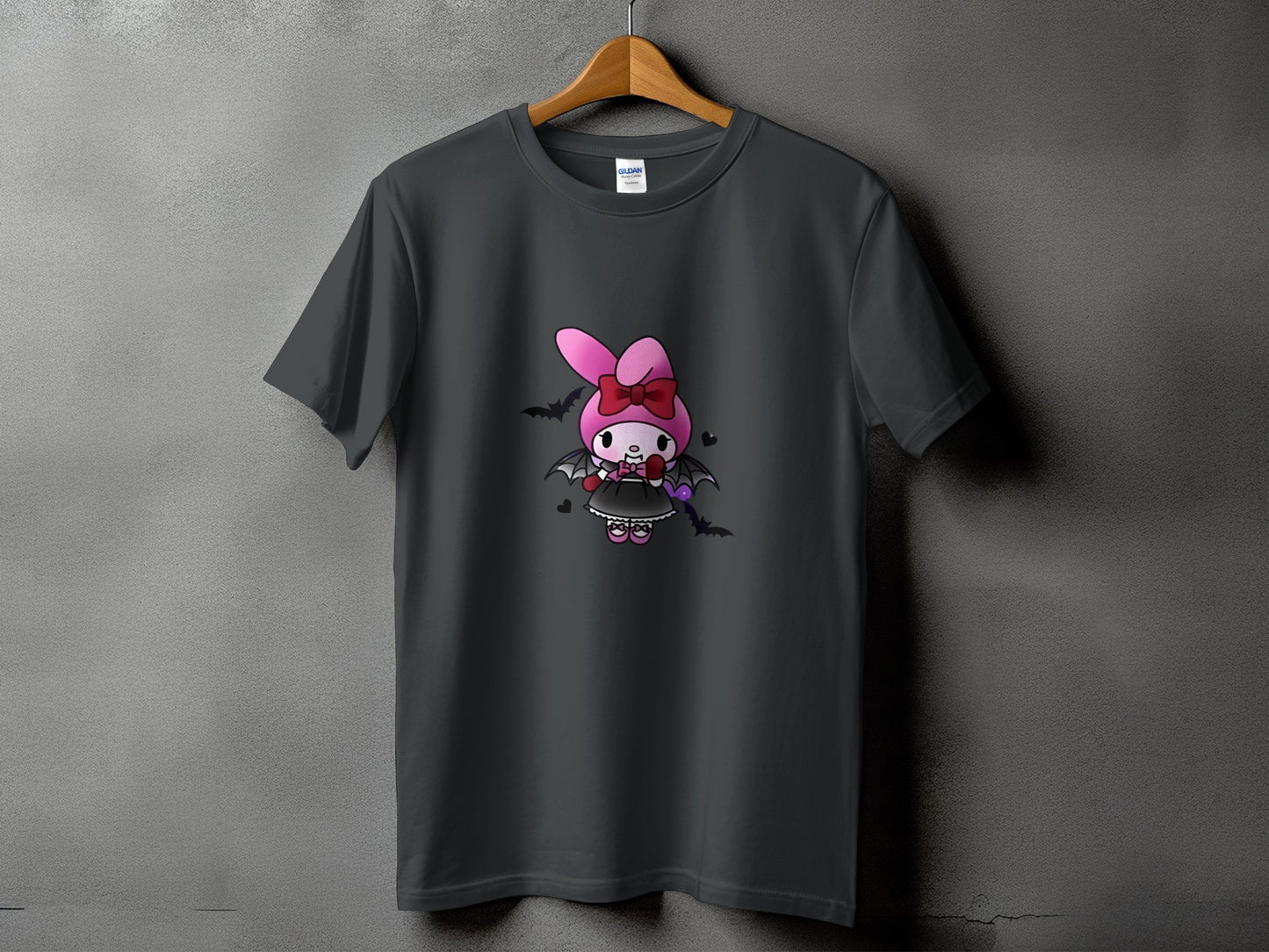 Dark grey t-shirt with cartoon bunny in a black dress and bat wings.