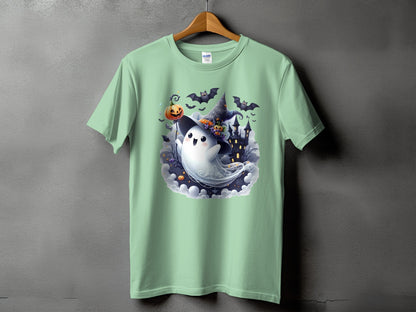 Mint t-shirt with a cute ghost wearing a witch hat and holding a pumpkin on a stick.
