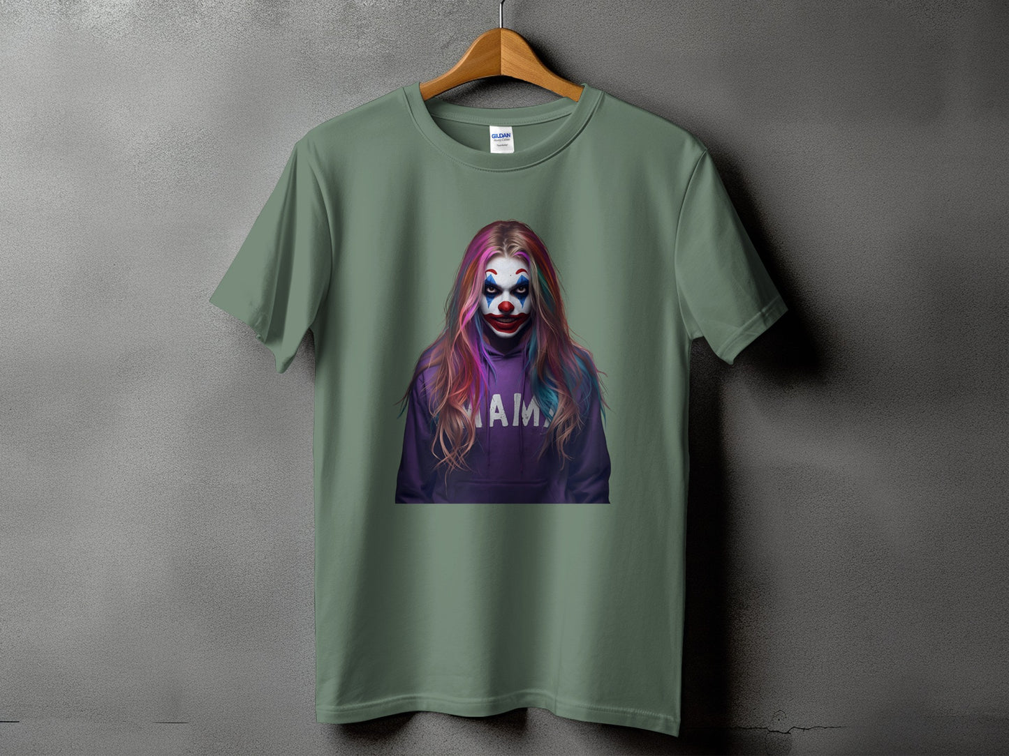 T-shirt with a clown graphic featuring "Mama" on a purple hoodie.