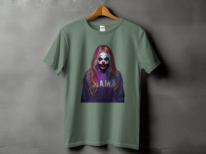 T-shirt with a clown graphic featuring "Mama" on a purple hoodie.