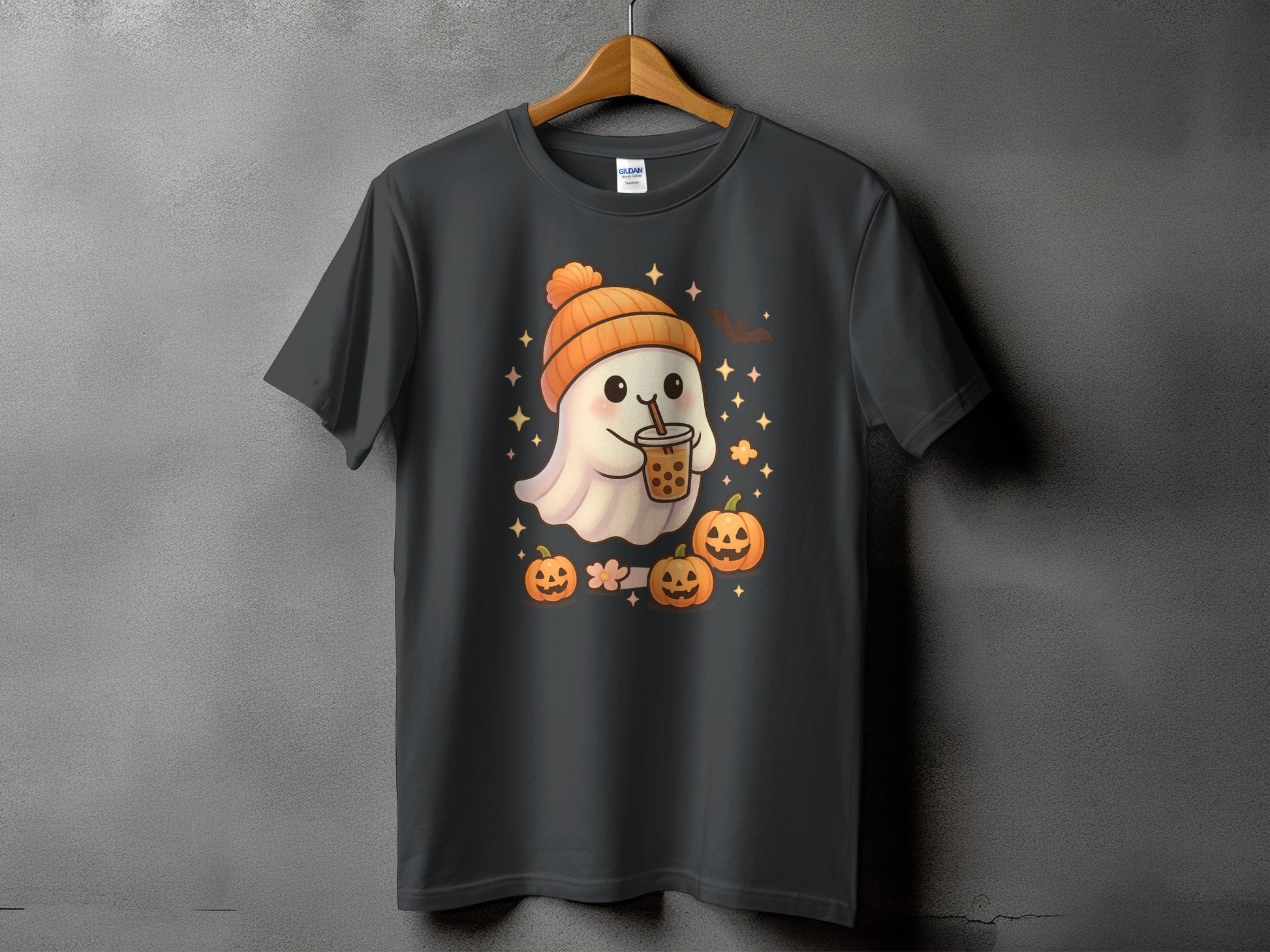 Ghost wearing an orange beanie drinks bubble tea surrounded by pumpkins and stars.