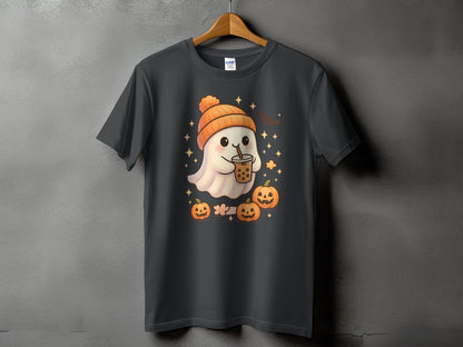 Ghost wearing an orange beanie drinks bubble tea surrounded by pumpkins and stars.