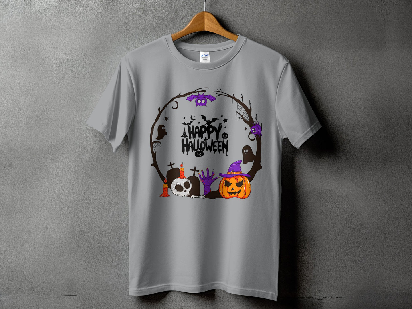 Gray t-shirt with "A Happy Halloween" graphic featuring pumpkin, skull, bat, and ghosts.