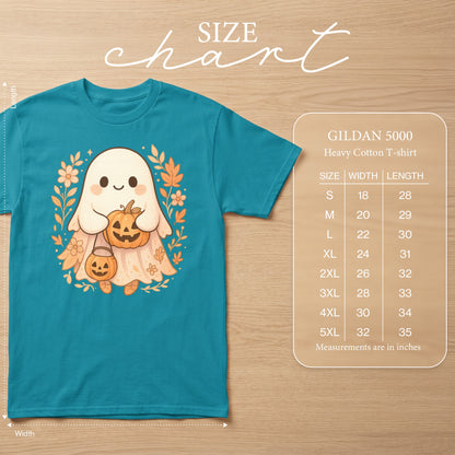 Teal Gildan 5000 heavy cotton t-shirt with cute ghost and pumpkin graphic, includes size chart.