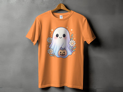 Orange t-shirt with a cute ghost holding a pumpkin and flowers graphic.