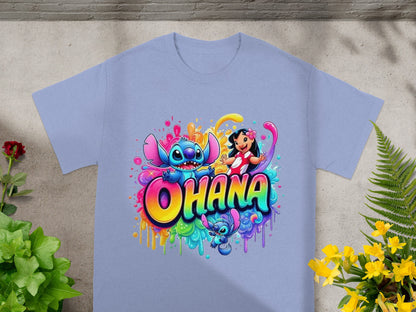 Stitch and Lilo with "Ohana" text in colorful spray paint.