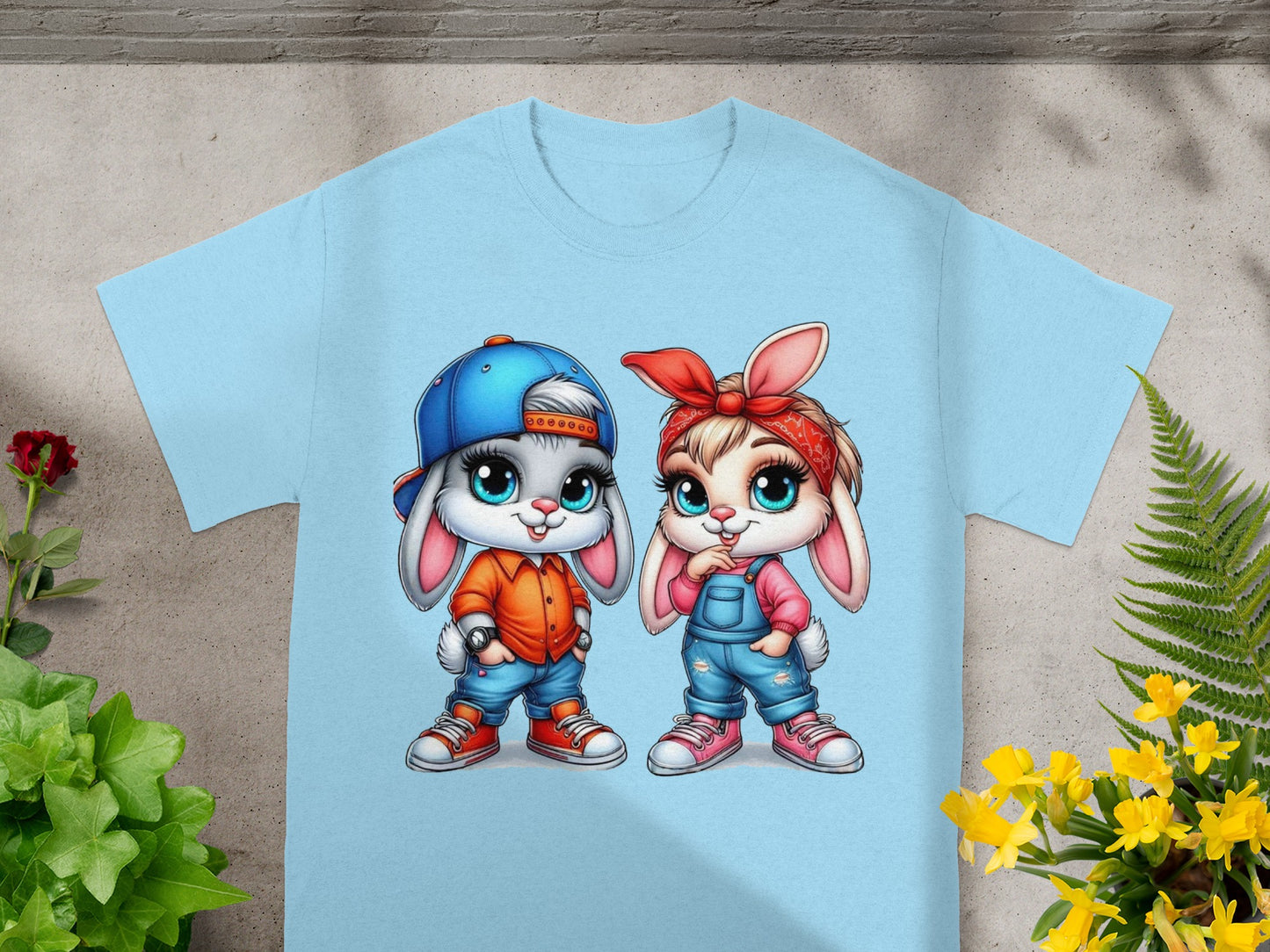 Cute Cartoon Bunny Duo Graphic T-shirt for Kids