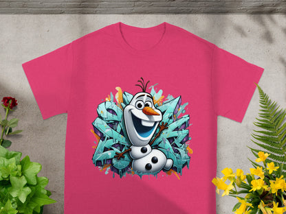 Pink t-shirt featuring Olaf the snowman against a graffiti background.