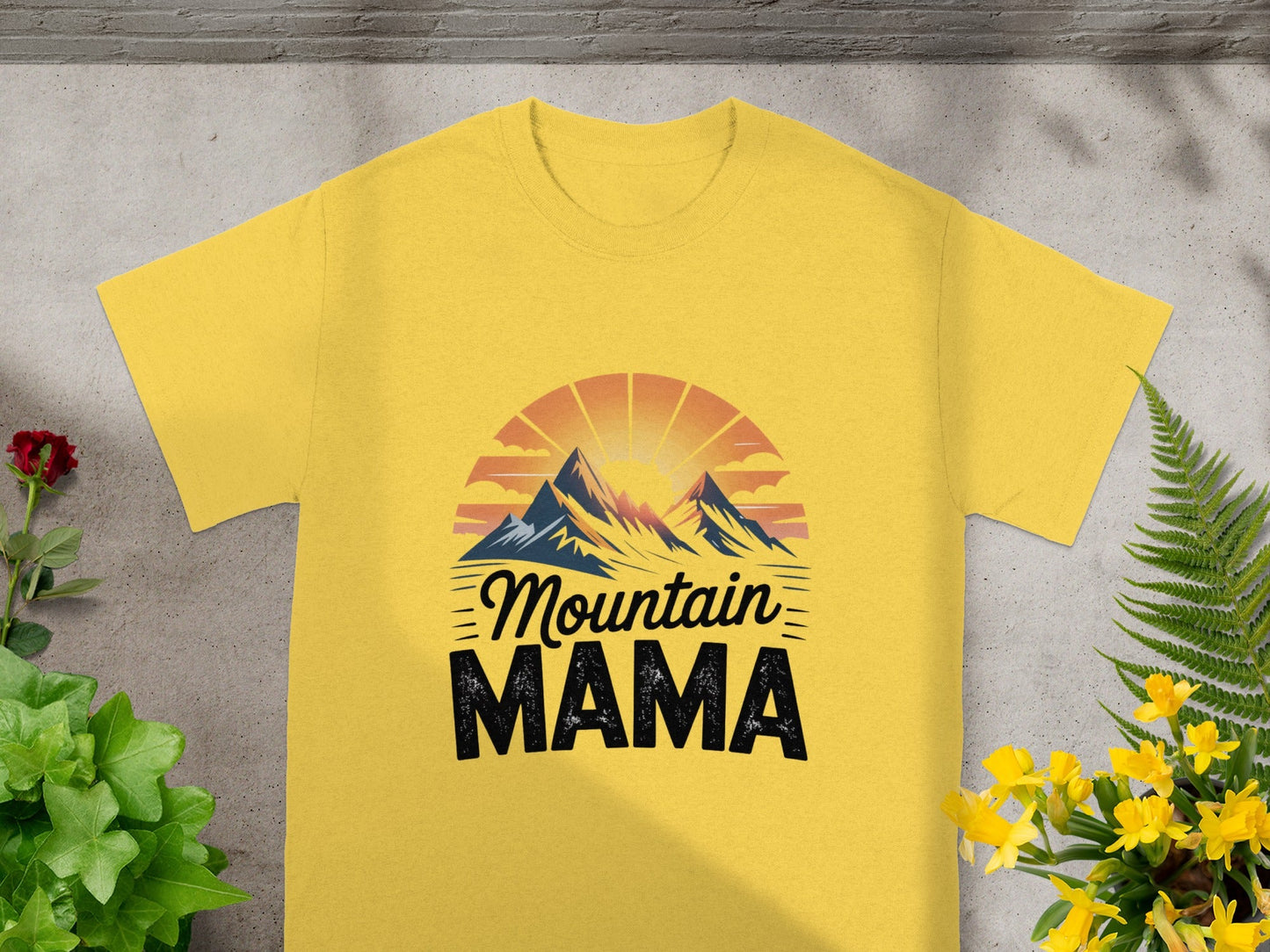 Mountain Mama Graphic T-Shirt with Sunset and Peaks