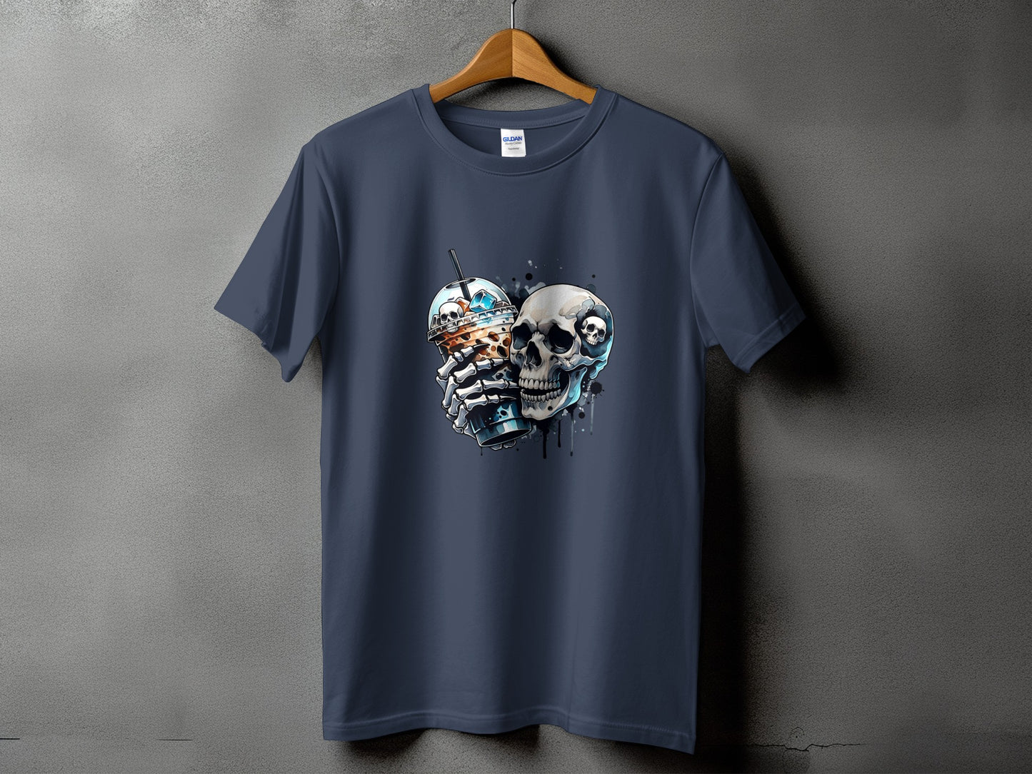 T-shirt with skull holding a coffee drink graphic design.
