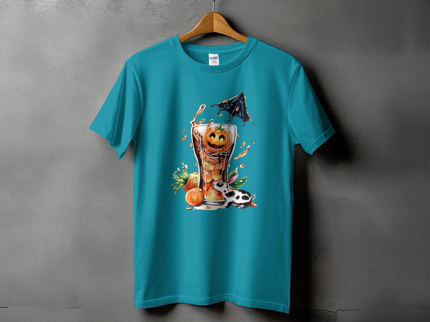 Teal t-shirt with a Halloween cocktail featuring a jack-o-lantern and a bunny.
