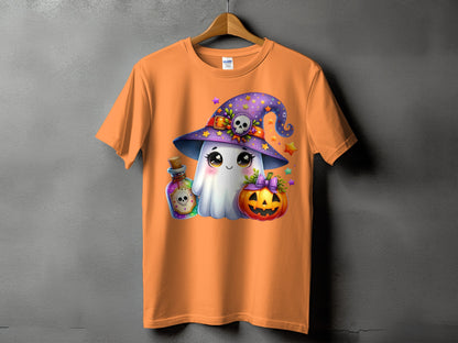 Orange t-shirt with cute ghost, pumpkin, potion bottle, and witch hat Halloween graphic.