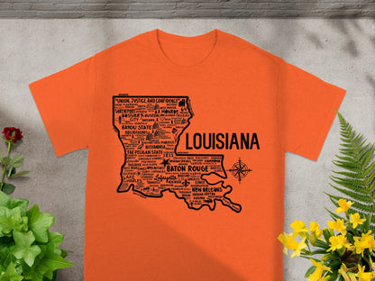 Louisiana State Map Print Orange Graphic T-Shirt