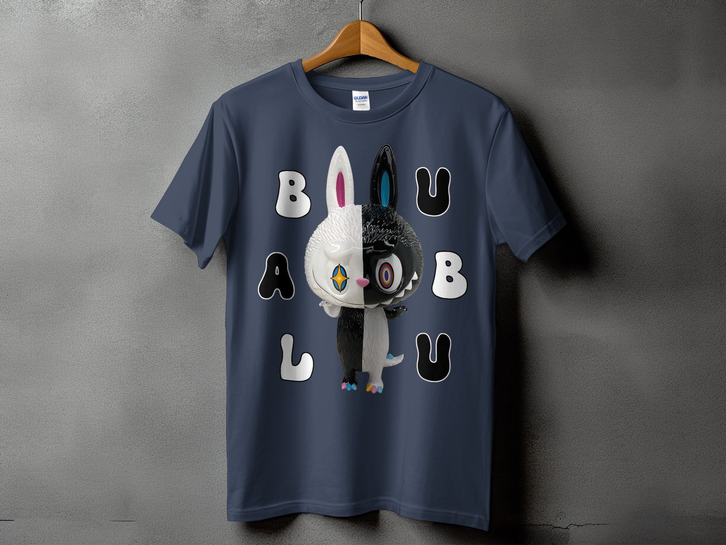 Dark blue t-shirt with a split black and white bunny graphic and text.