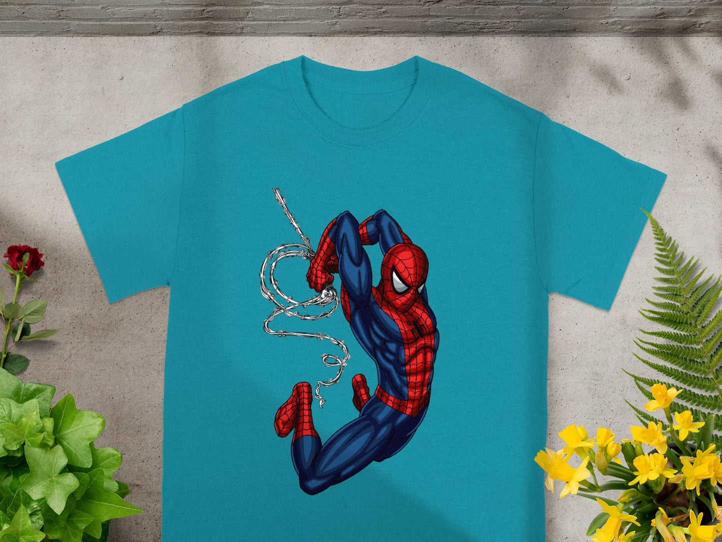 Spider-Man t-shirt with Spidey swinging on a web.