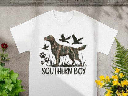 White t-shirt graphic: camouflage dog, flying ducks, paw prints, and text "SOUTHERN BOY".