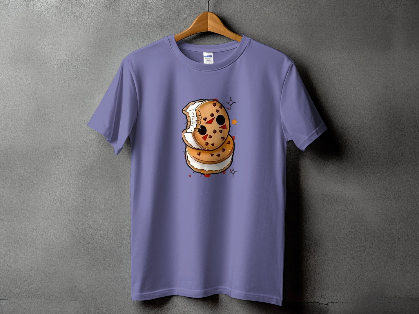Lavender t-shirt with a cartoon image of a bitten ice cream sandwich.