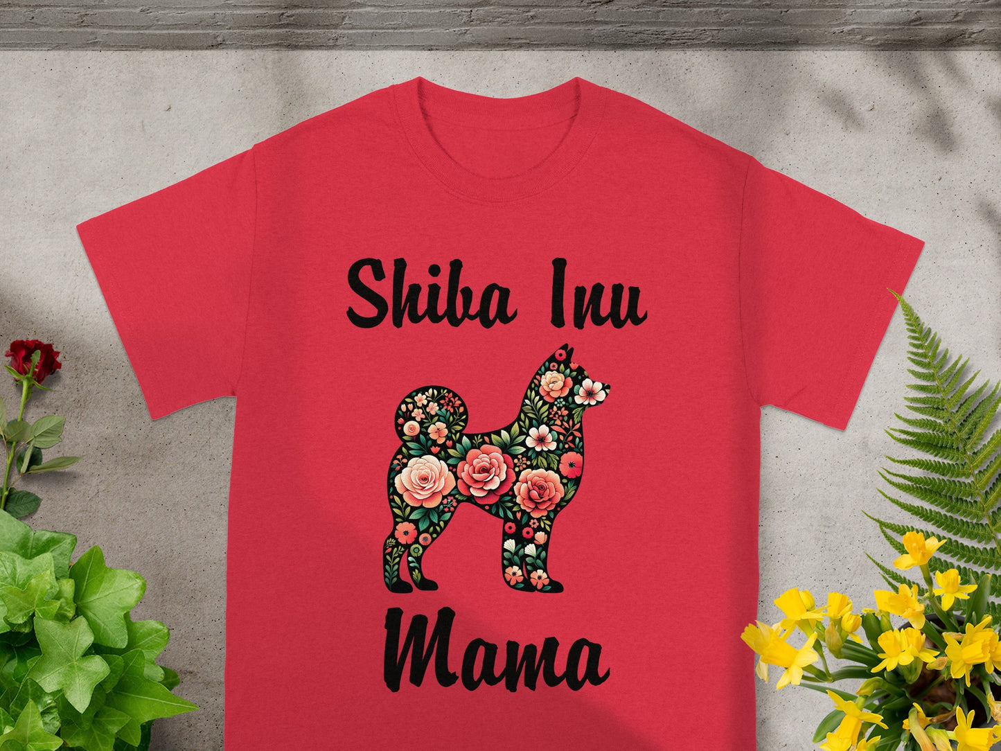 Red t-shirt with floral Shiba Inu silhouette and text "Shiba Inu Mama".