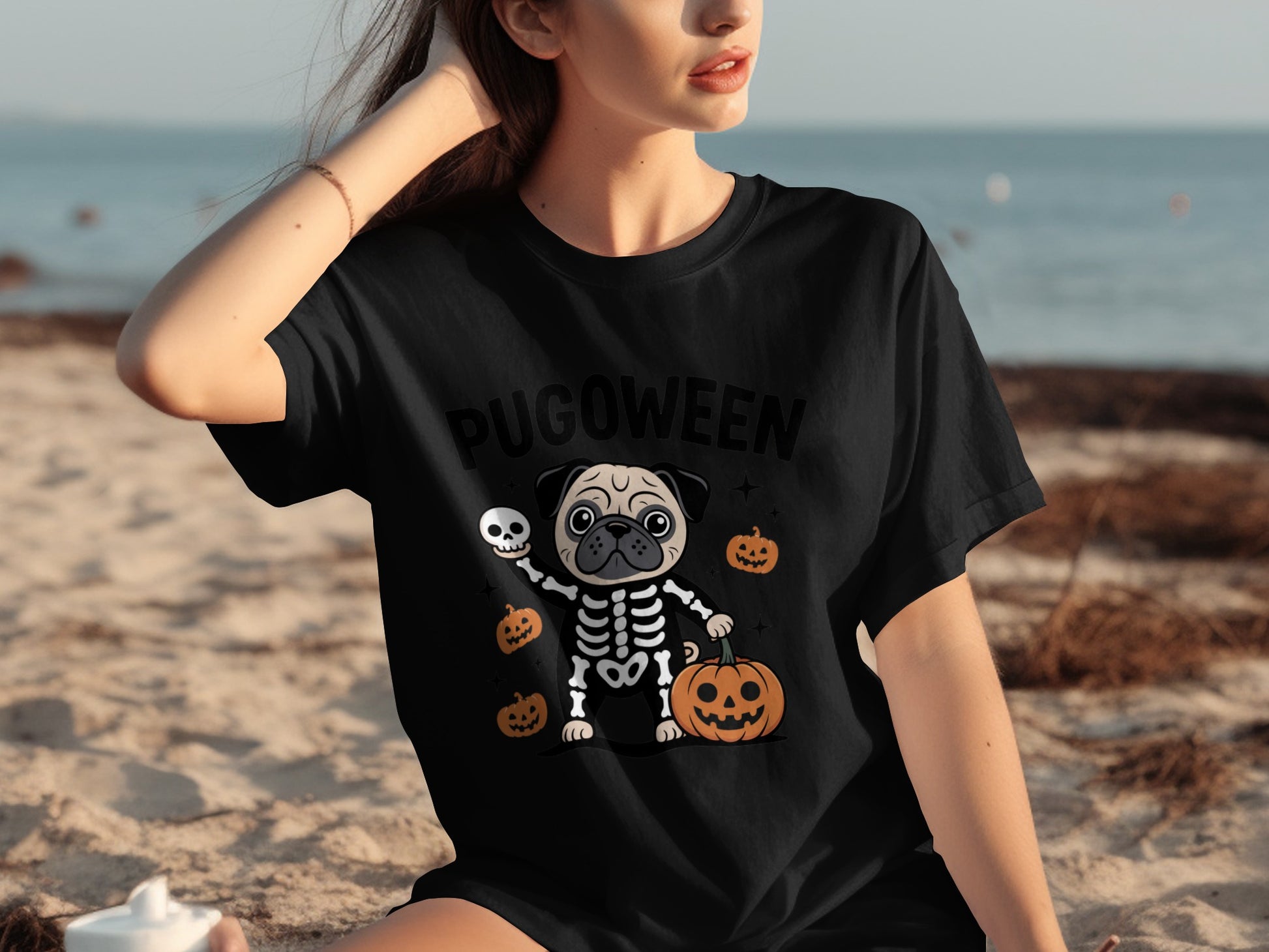 Pugoween Halloween themed skeleton graphic T-shirt