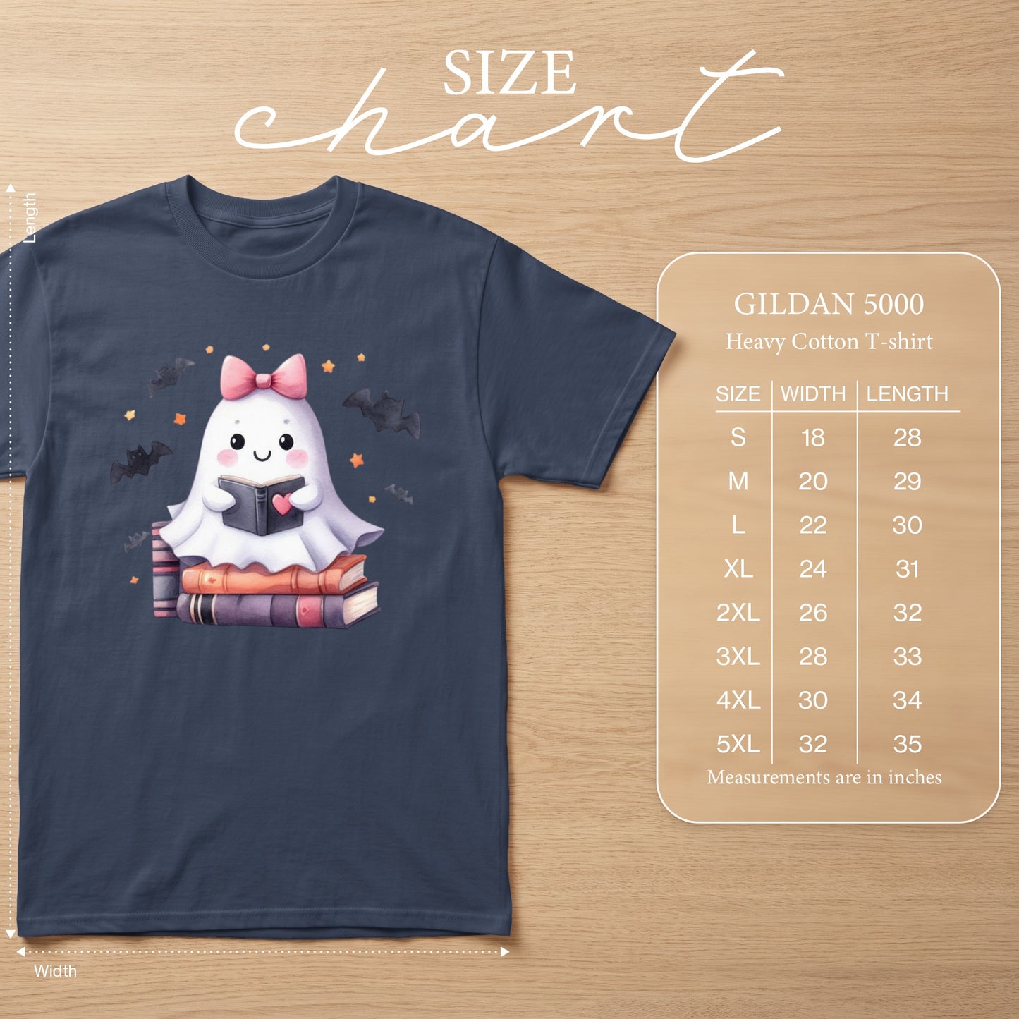 Size chart for Gildan 5000 Heavy Cotton T-shirt with measurements in inches.