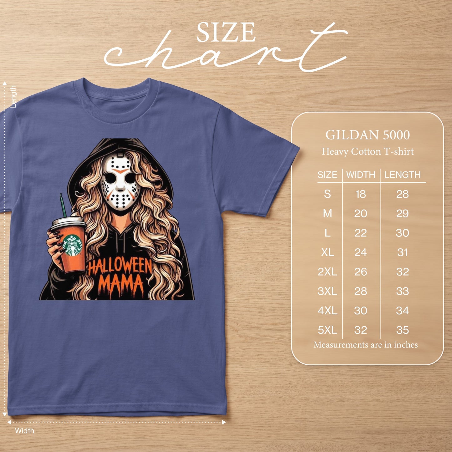 T-shirt with "Halloween Mama" graphic and a woman in a hockey mask holding a drink. Size chart included.