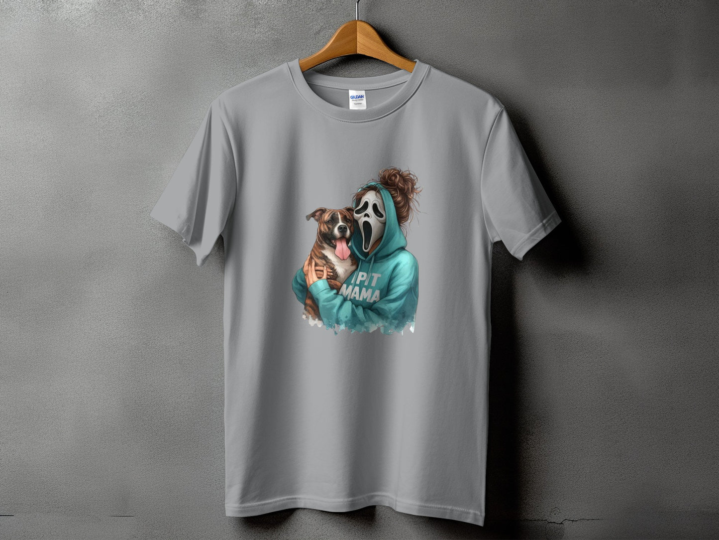 Gray t-shirt with ghost mask figure holding a pit bull and text "PIT MAMA"