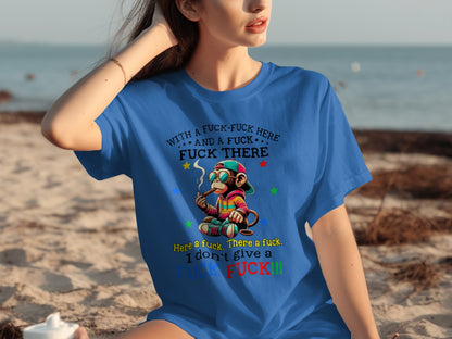 Playful Colorful Monkey Graphic Blue T-shirt