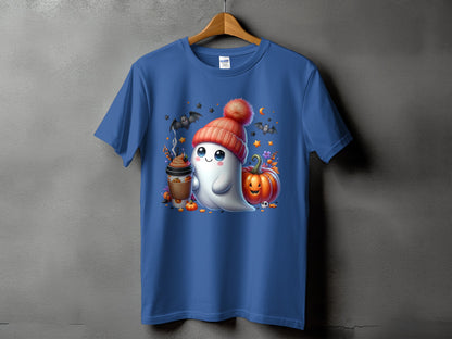 Cute ghost with coffee and pumpkins, bats, and stars on a blue t-shirt.