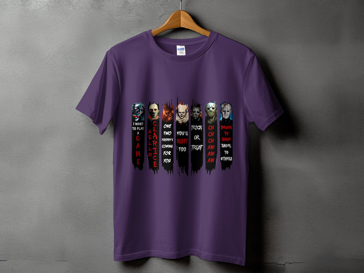 Purple t-shirt with horror characters and text: "I want to play a game," "Hello Clarice," etc.
