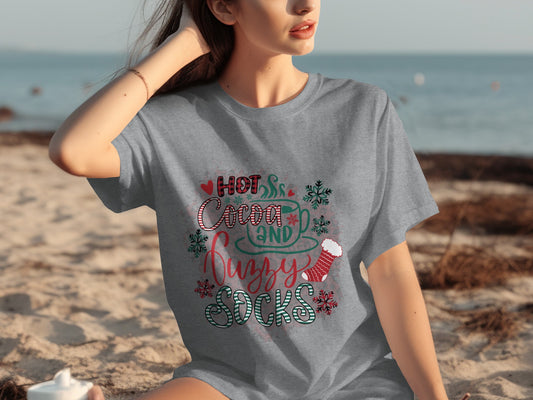 Hot Cocoa and Fuzzy Socks Beach T-Shirt for Winter