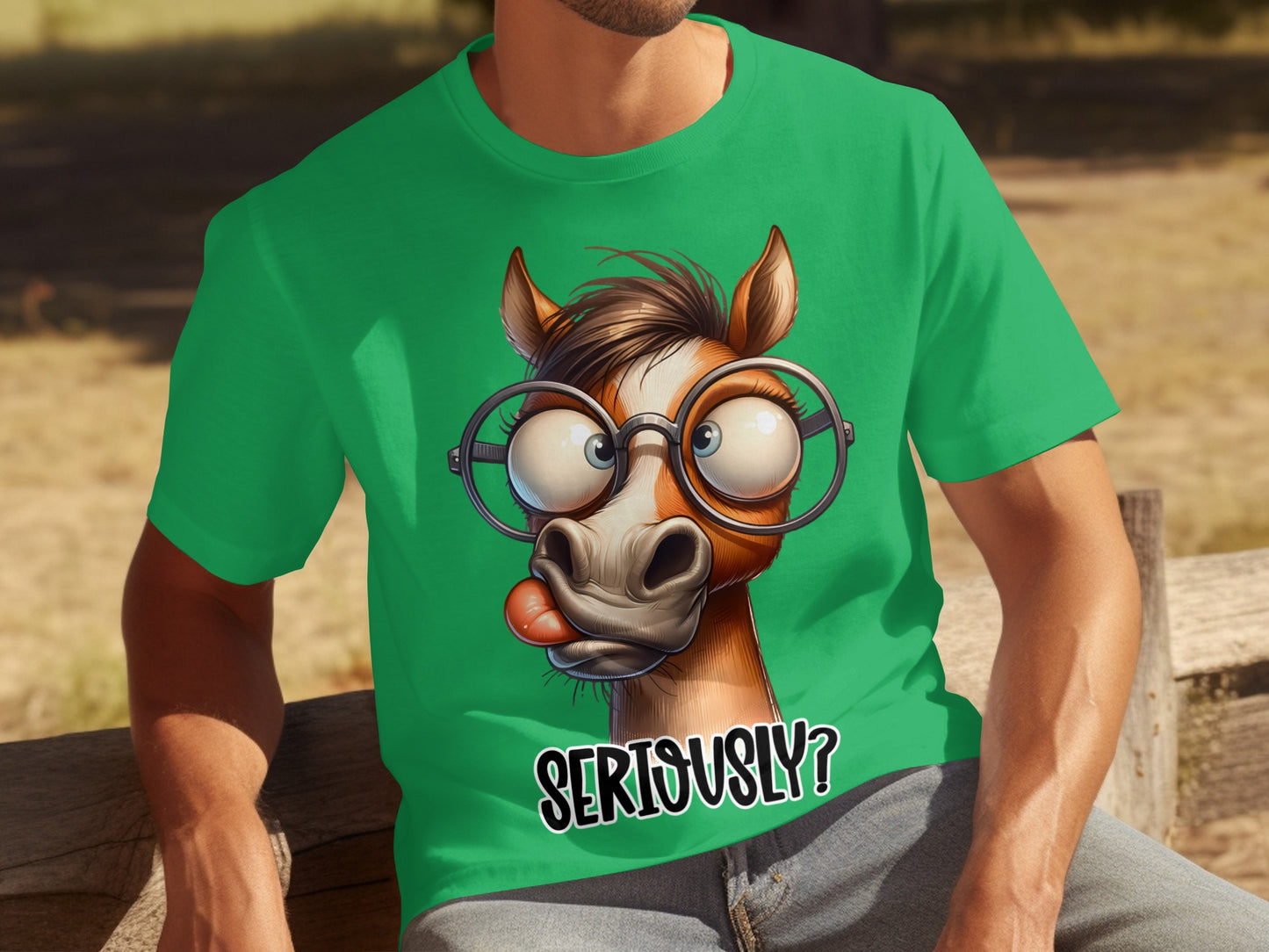 Funny Horse with Glasses Seriously Green T-Shirt