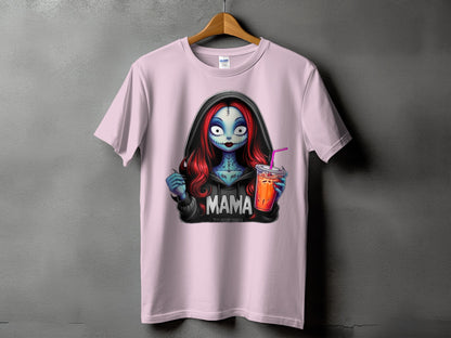 Pink t-shirt with a graphic of a stylized character holding a drink, text reads "MAMA".