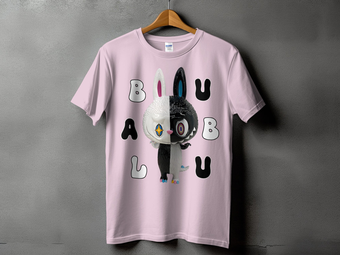 Pink t-shirt with black and white split bunny graphic and "BALU" text.
