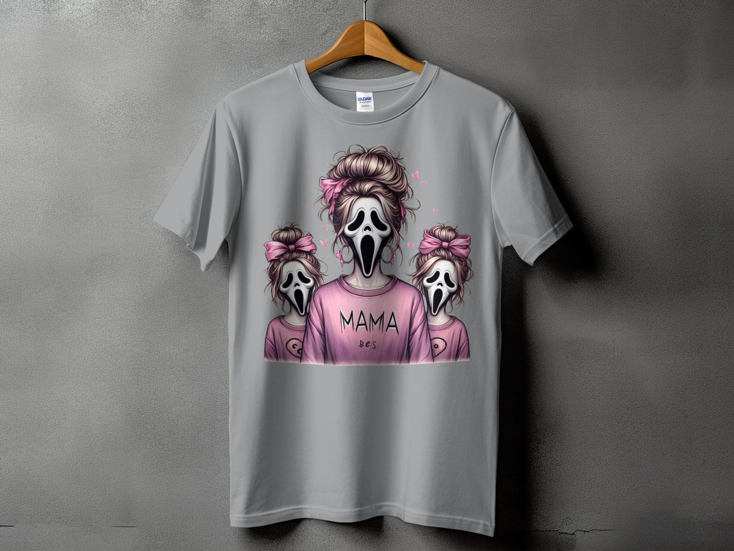 Ghostface Mama and babies with pink bows and hearts graphic tee.