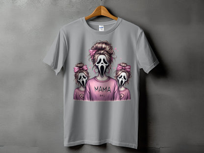Ghostface Mama and babies with pink bows and hearts graphic tee.