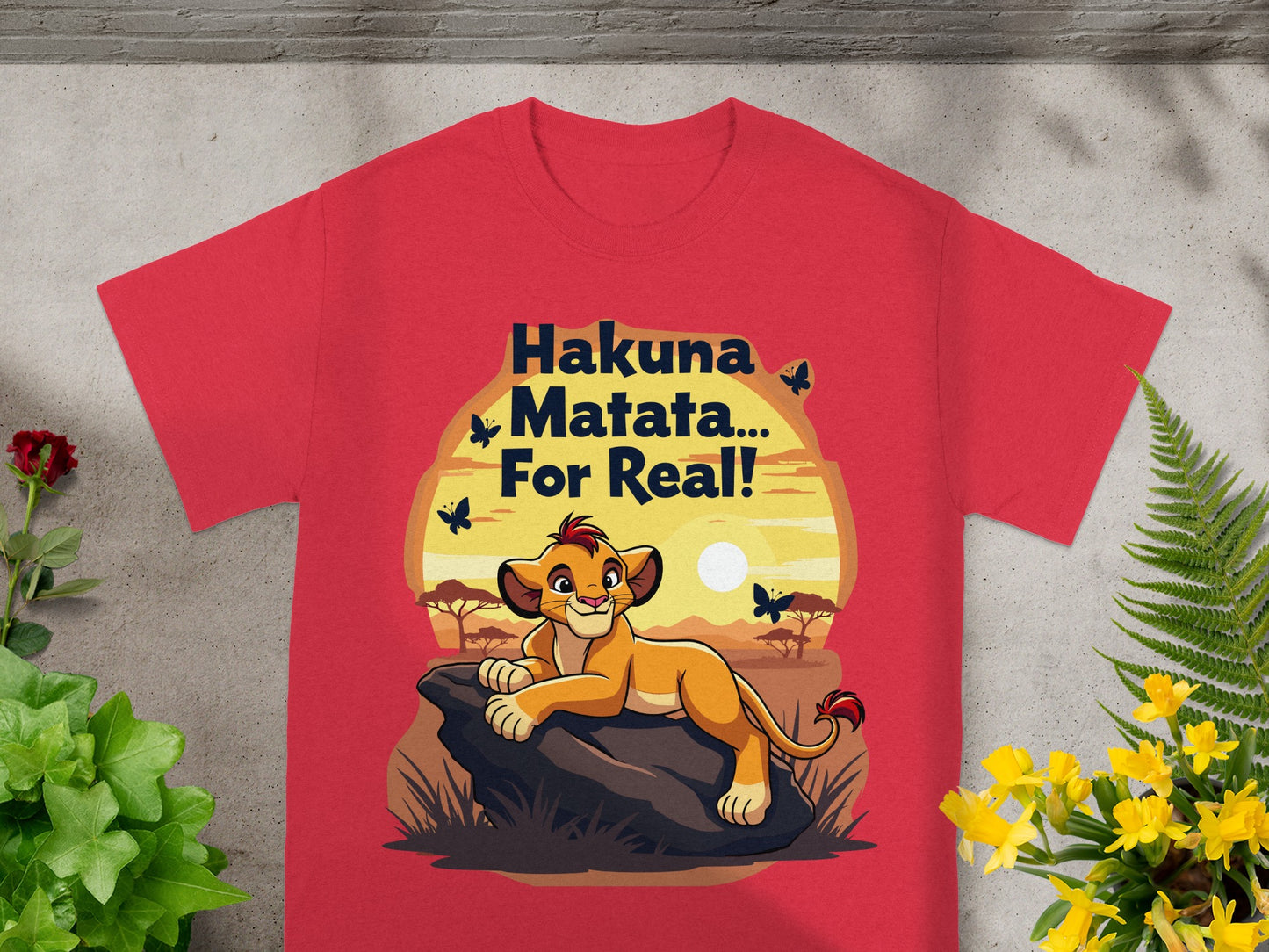 Red t-shirt with The Lion King's Simba and "Hakuna Matata... For Real!" text.