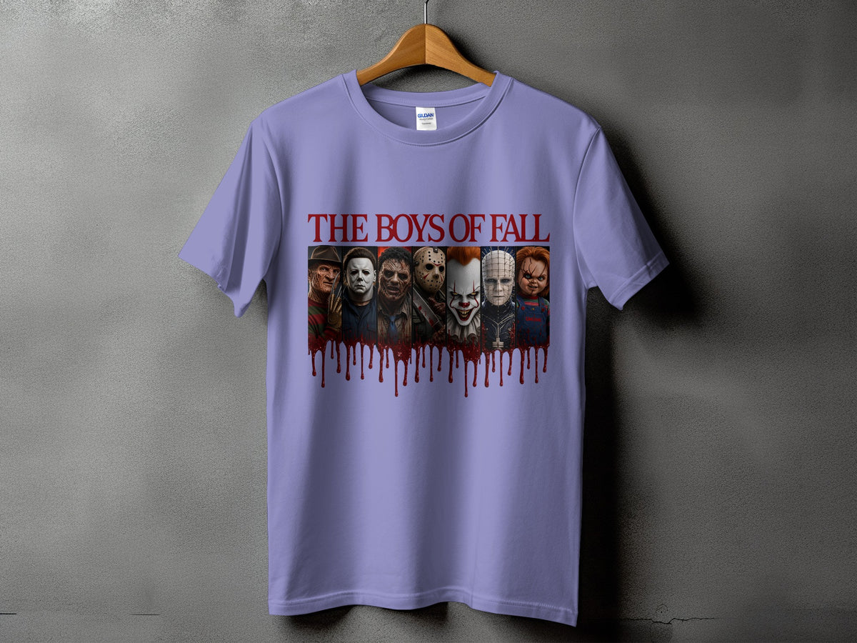 Purple t-shirt with "The Boys of Fall" text and horror characters with dripping blood.
