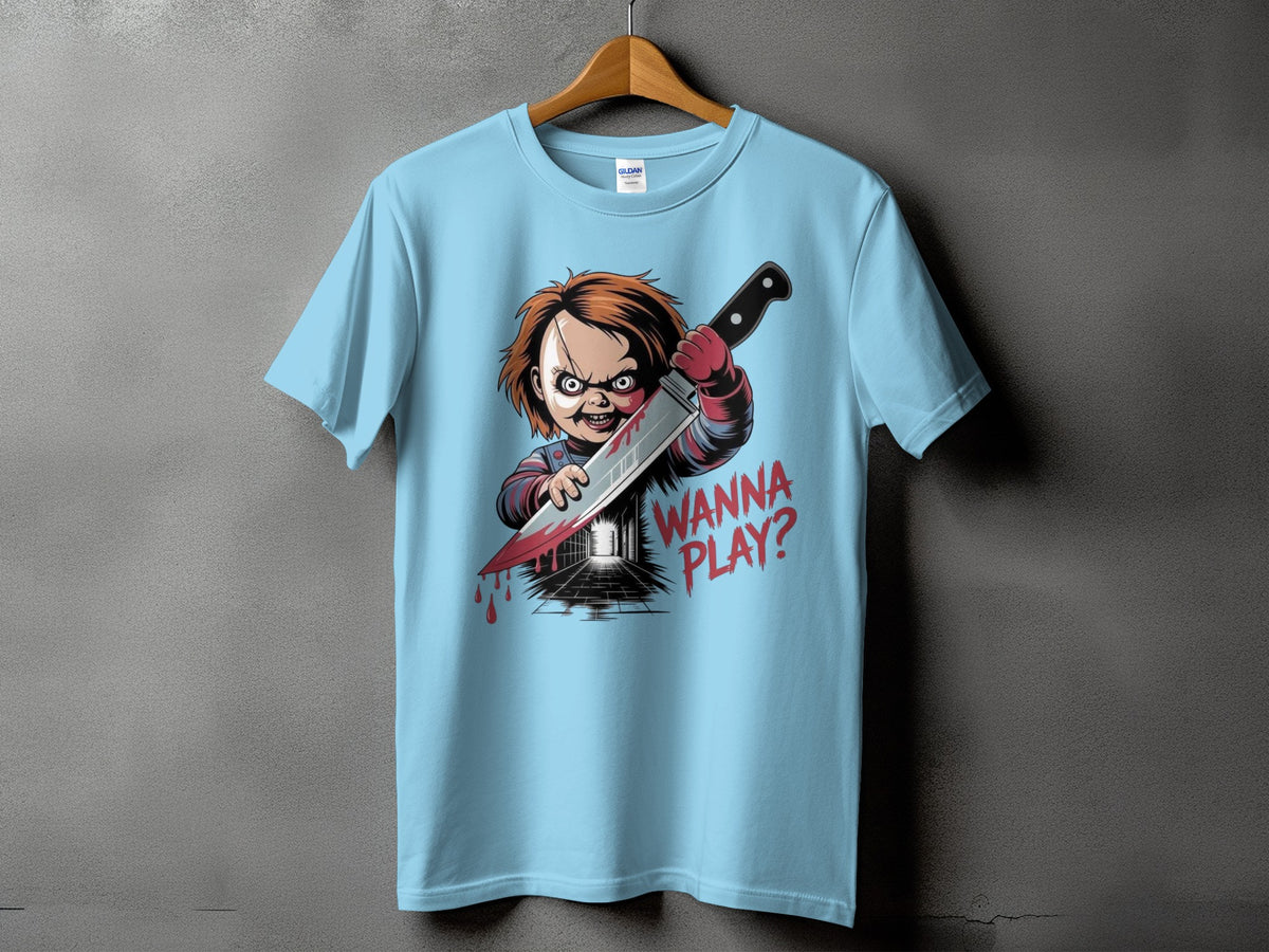 Light blue t-shirt with Chucky holding a knife and text "Wanna Play?"