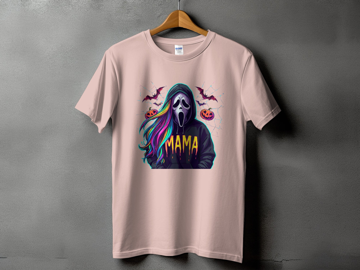 Ghostface mask with colorful hair and "Mama" text, with pumpkins and bats.