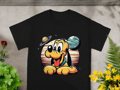 Black t-shirt with cartoon Pluto wearing a collar, set against a space background.