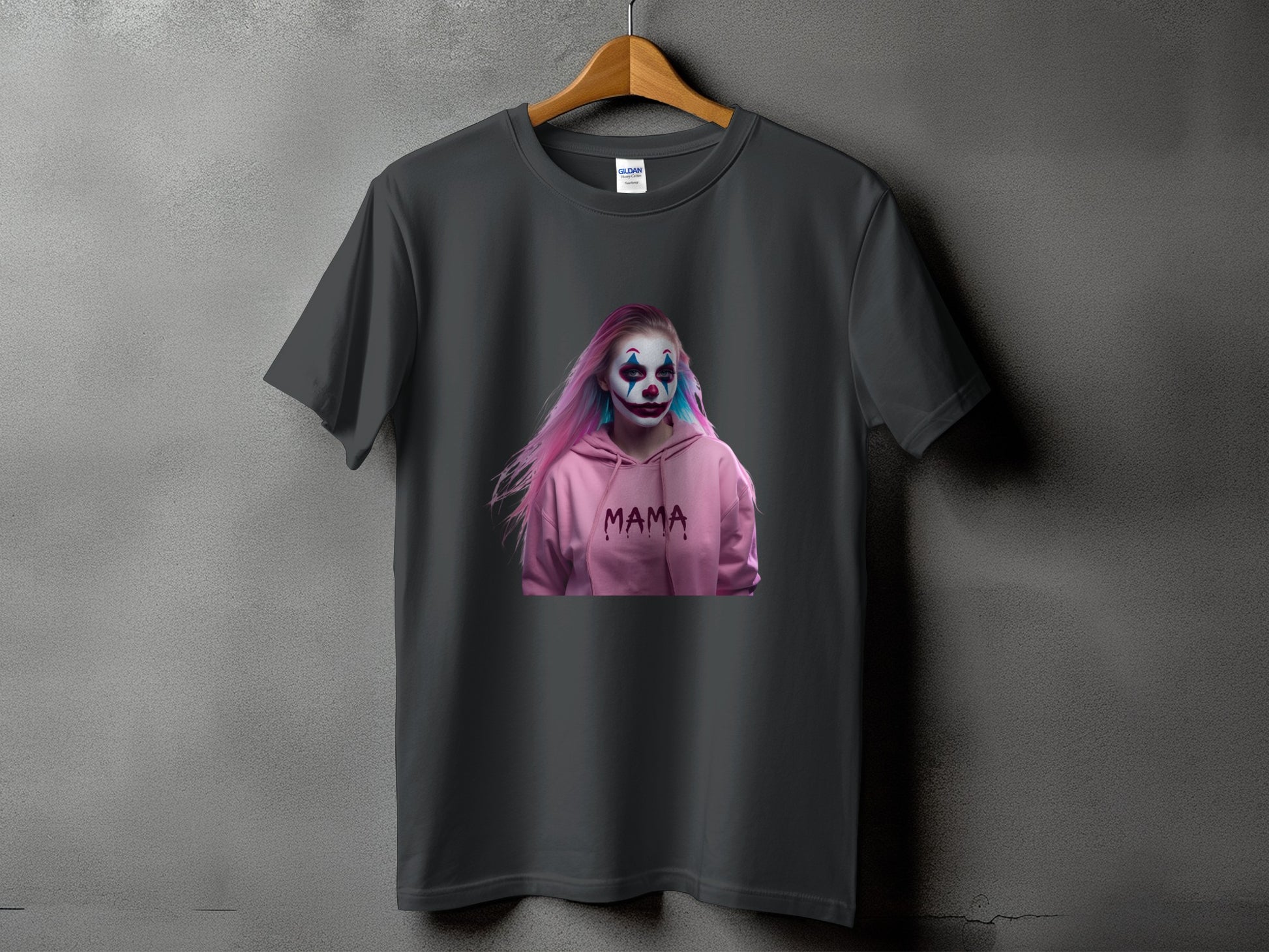 Dark grey t-shirt featuring a clown with pink hair and "MAMA" text.